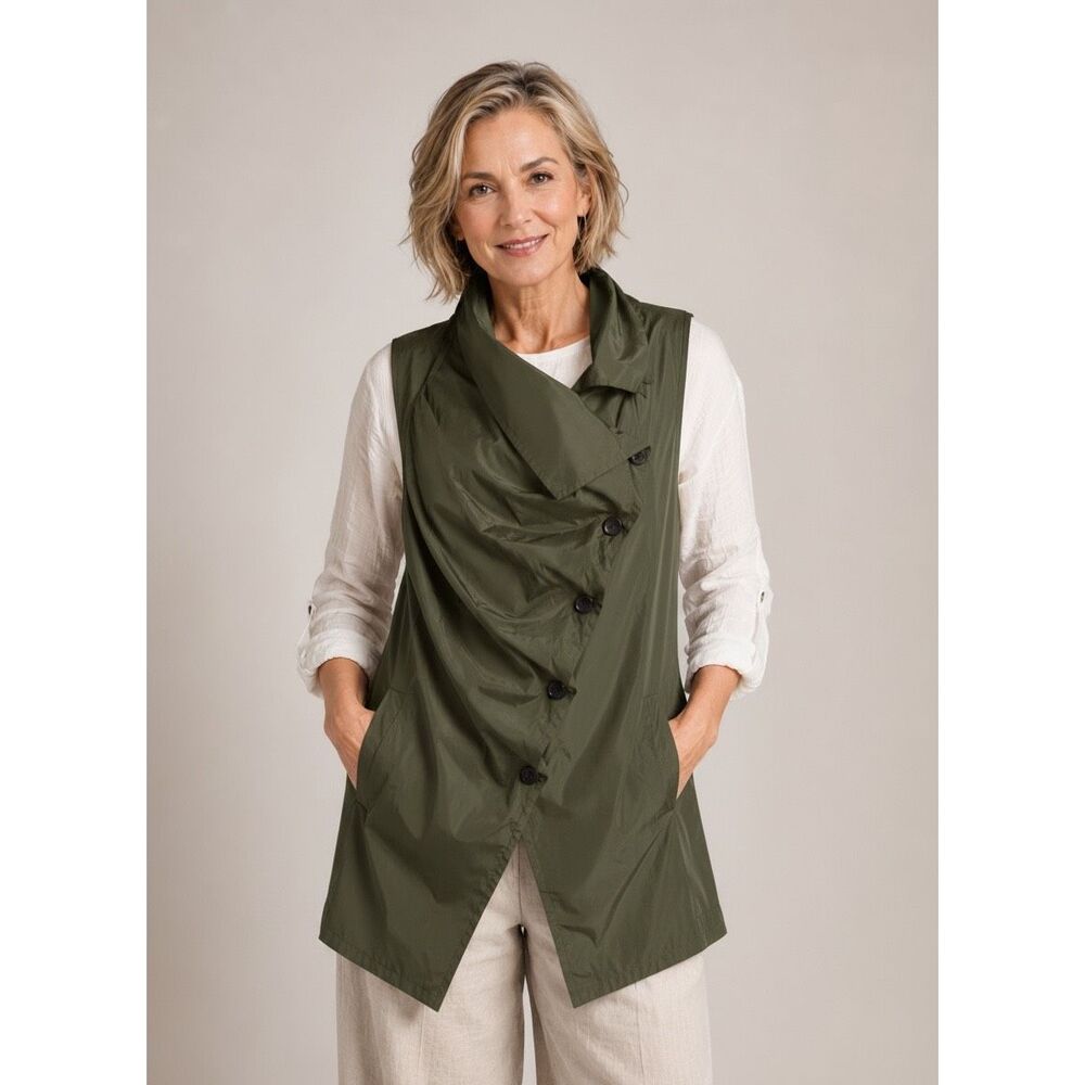 Sun Kim ME131 Jenny Vest Lagenlook Asymmetrical Green Size 2X Pockets